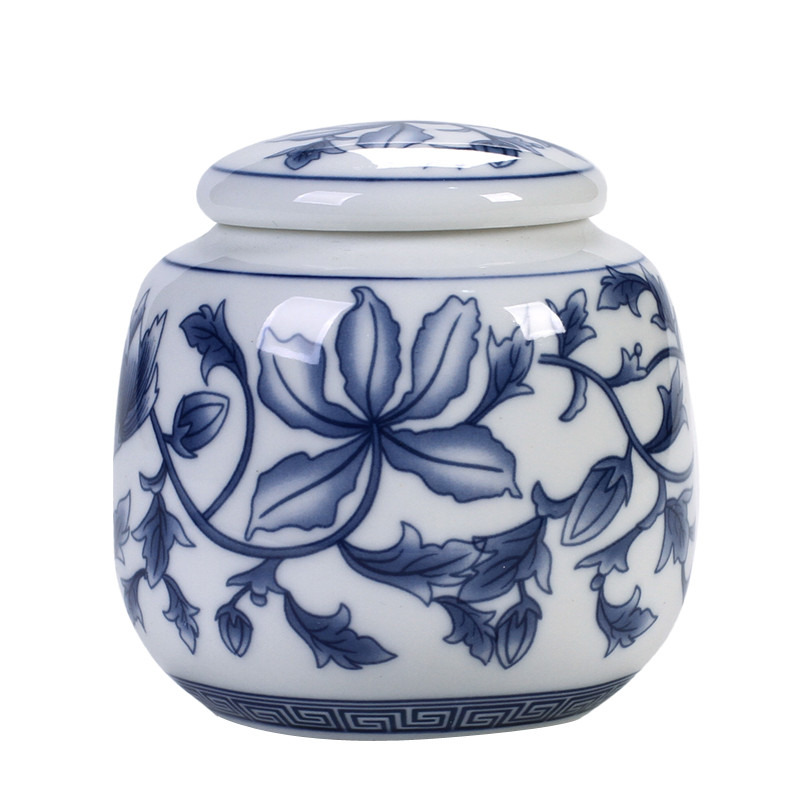 Kínai kék-fehér porcelán kerámia Tea Caddy Tieguanyin lezárt tárolóedények Utazó teászacskó tároló doboz Kávés kanna