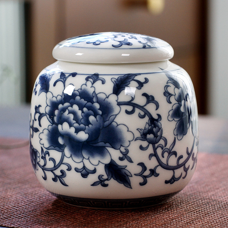 Kínai kék-fehér porcelán kerámia Tea Caddy Tieguanyin lezárt tárolóedények Utazó teászacskó tároló doboz Kávés kanna