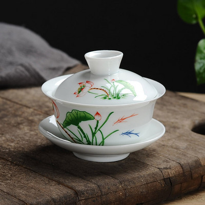 Balta porcelāna Gai Wan tējas komplekts Jingdezhen Gaiwan tējkanna Puer tējas krūze ar vāku un apakštases vāku bļoda Lotosa roku zīmēšanas krūzes