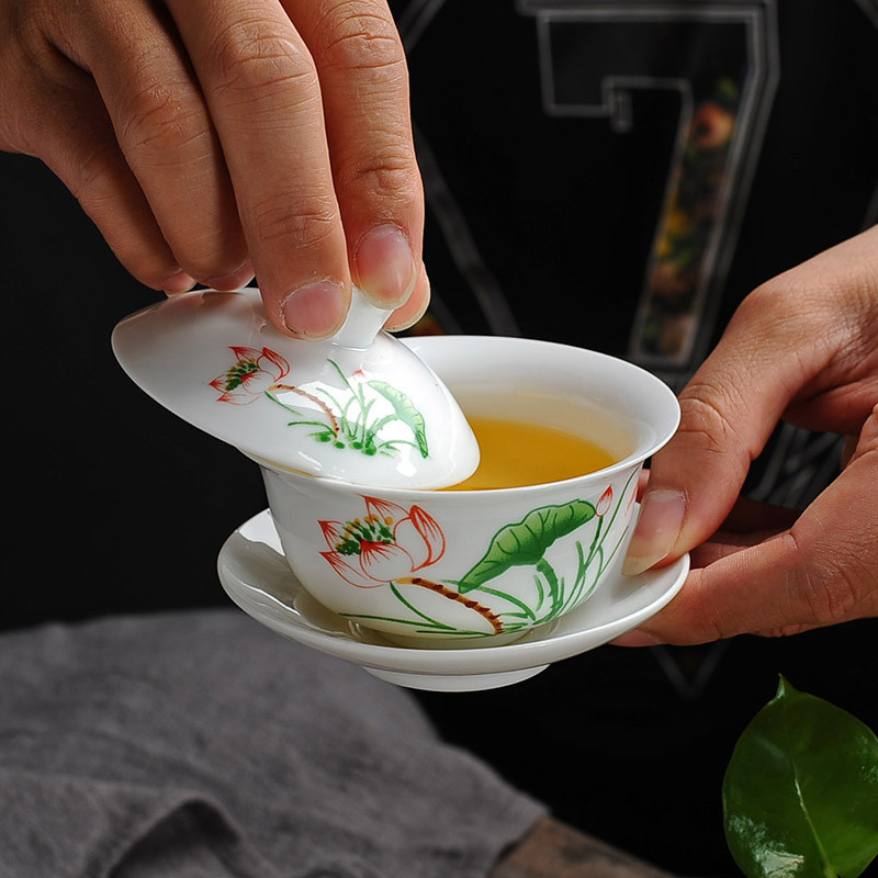 Balta porcelāna Gai Wan tējas komplekts Jingdezhen Gaiwan tējkanna Puer tējas krūze ar vāku un apakštases vāku bļoda Lotosa roku zīmēšanas krūzes