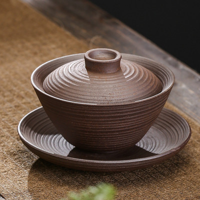 Durva kerámia Gaiwan nagy, kézzel megfogható edény, kézzel készített Gaiwan kerámia, mázatlan Gaiwan Kung Fu teáskészlet kínai tureen teafőző