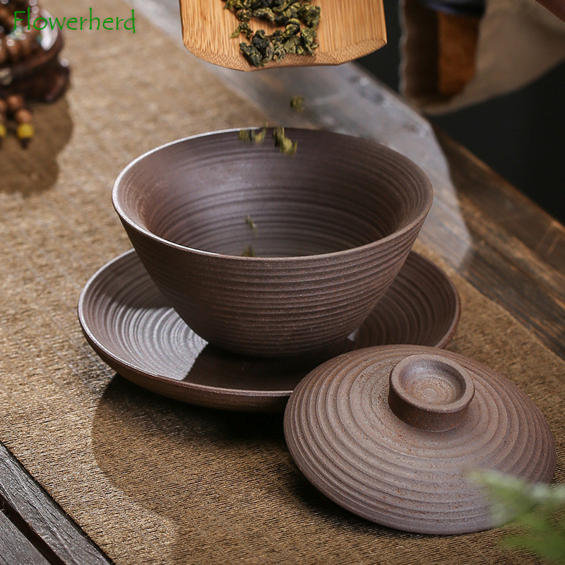 Durva kerámia Gaiwan nagy, kézzel megfogható edény, kézzel készített Gaiwan kerámia, mázatlan Gaiwan Kung Fu teáskészlet kínai tureen teafőző