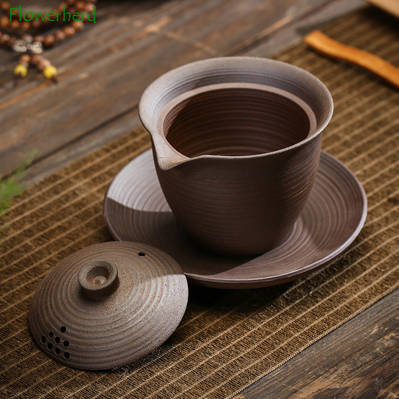 Durva kerámia Gaiwan nagy, kézzel megfogható edény, kézzel készített Gaiwan kerámia, mázatlan Gaiwan Kung Fu teáskészlet kínai tureen teafőző