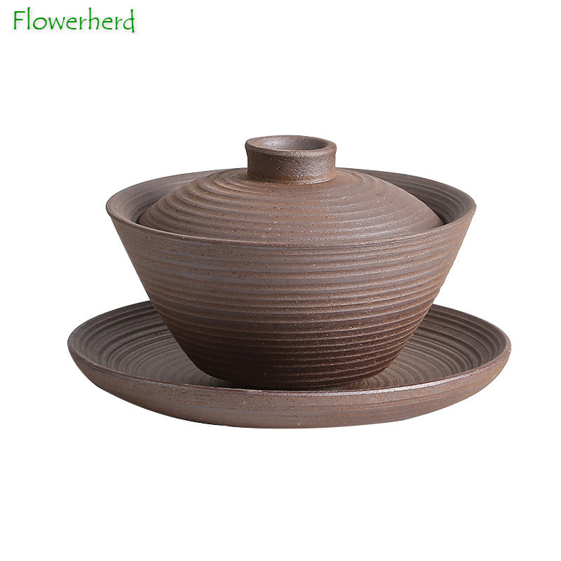Durva kerámia Gaiwan nagy, kézzel megfogható edény, kézzel készített Gaiwan kerámia, mázatlan Gaiwan Kung Fu teáskészlet kínai tureen teafőző