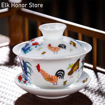 Retro Chickens White Tea Tureen Water Mug Tea Bowl Emperor Kung Fu Gaiwan Creative Travel Порцеланов чайник Офис Подарък за напитки