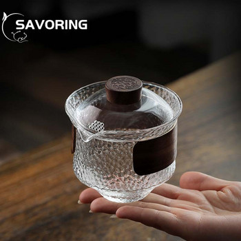 300 мл голям стъклен прозрачен Gaiwan Китайски чайник Чаена купа Единична дебела купа с топлоустойчив капак Чаша за чай Комплект капаци за чай Gaiwan