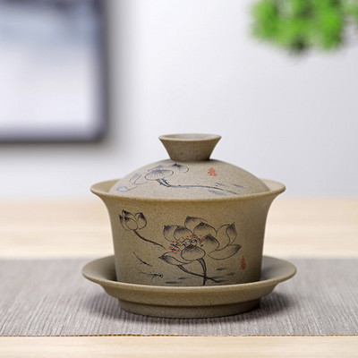 WSHYUFEI Jingdezhen keramikas Gaiwan bļoda Ķīniešu stila akmens keramikas retro tējas komplekts Roku darbs Bubble tējas bļoda Travel tējas krūze 150ml