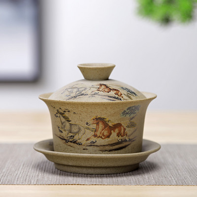 WSHYUFEI Jingdezhen keramikas Gaiwan bļoda Ķīniešu stila akmens keramikas retro tējas komplekts Roku darbs Bubble tējas bļoda Travel tējas krūze 150ml