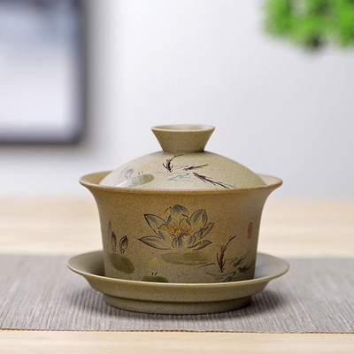 WSHYUFEI Jingdezhen keramikas Gaiwan bļoda Ķīniešu stila akmens keramikas retro tējas komplekts Roku darbs Bubble tējas bļoda Travel tējas krūze 150ml