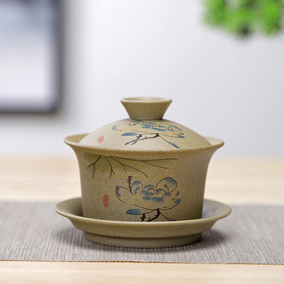 WSHYUFEI Jingdezhen keramikas Gaiwan bļoda Ķīniešu stila akmens keramikas retro tējas komplekts Roku darbs Bubble tējas bļoda Travel tējas krūze 150ml