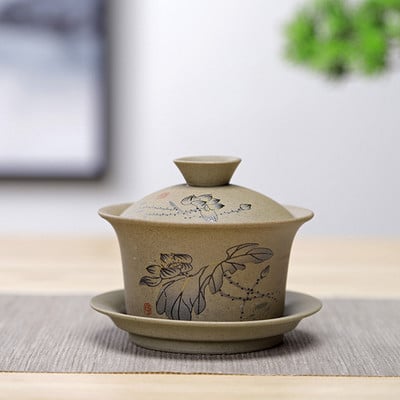 WSHYUFEI Jingdezhen keramikas Gaiwan bļoda Ķīniešu stila akmens keramikas retro tējas komplekts Roku darbs Bubble tējas bļoda Travel tējas krūze 150ml