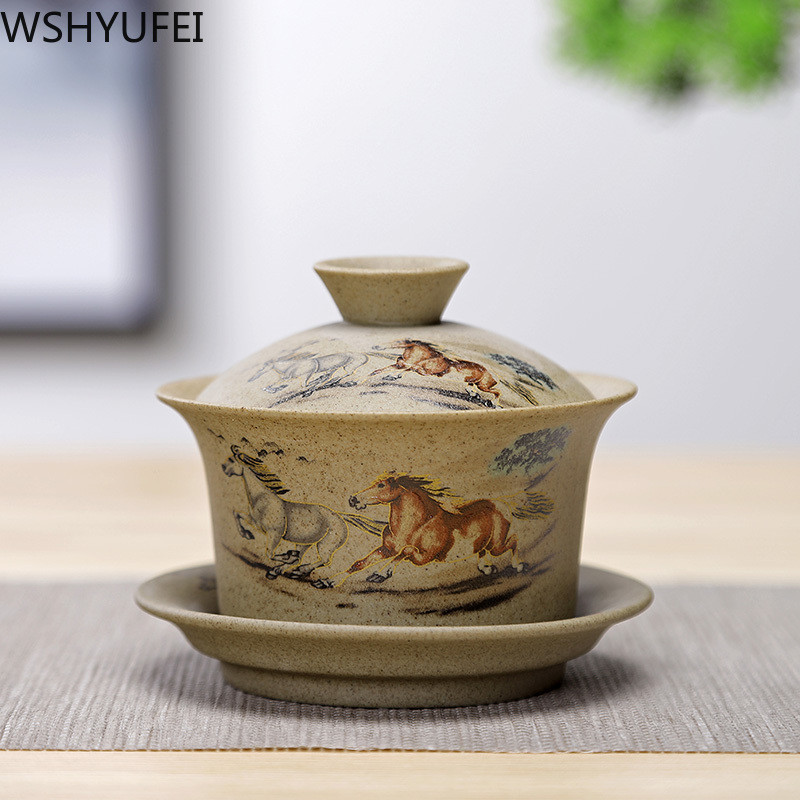 WSHYUFEI Jingdezhen keramikas Gaiwan bļoda Ķīniešu stila akmens keramikas retro tējas komplekts Roku darbs Bubble tējas bļoda Travel tējas krūze 150ml
