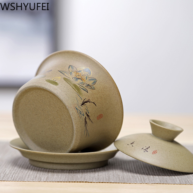WSHYUFEI Jingdezhen keramikas Gaiwan bļoda Ķīniešu stila akmens keramikas retro tējas komplekts Roku darbs Bubble tējas bļoda Travel tējas krūze 150ml