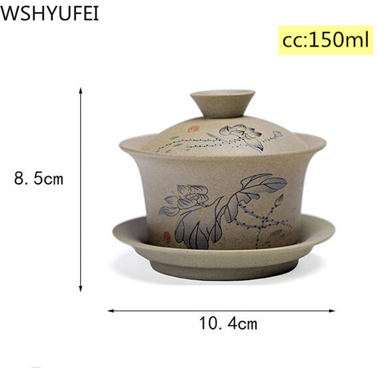 WSHYUFEI Jingdezhen keramikas Gaiwan bļoda Ķīniešu stila akmens keramikas retro tējas komplekts Roku darbs Bubble tējas bļoda Travel tējas krūze 150ml