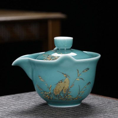 200 ml Kung Fu tējas komplekts Ķīniešu tēja Tureen ar zelta apdruku keramikas Gaiwan mājas zaļā sarkanā Pu'er tējas krūze ar tērauda sietiņiem