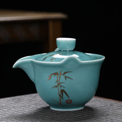 200 ml Kung Fu tējas komplekts Ķīniešu tēja Tureen ar zelta apdruku keramikas Gaiwan mājas zaļā sarkanā Pu'er tējas krūze ar tērauda sietiņiem