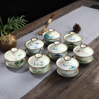 Lotus Mountain Pattern Tea Tureen Teaware Kitchen Drinking Tool 120ml Celadon Χειροποίητο μπολ τσαγιού Sancai Gaiwan