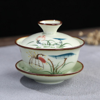 Lotus Mountain Pattern Tea Tueen Teaware Кухненски инструмент за пиене 120 ml Celadon Ръчно рисувана купа за чай Sancai Gaiwan
