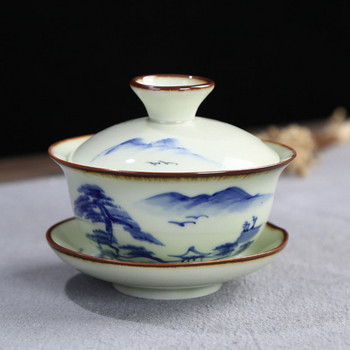 Lotus Mountain Pattern Tea Tueen Teaware Кухненски инструмент за пиене 120 ml Celadon Ръчно рисувана купа за чай Sancai Gaiwan