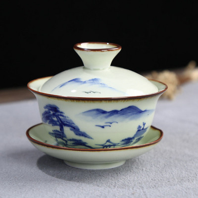 Lotus Mountain raksta tēja Tureen tējas trauki virtuves dzeršanai 120 ml Celadon ar rokām apgleznota tējas bļoda Sancai Gaiwan