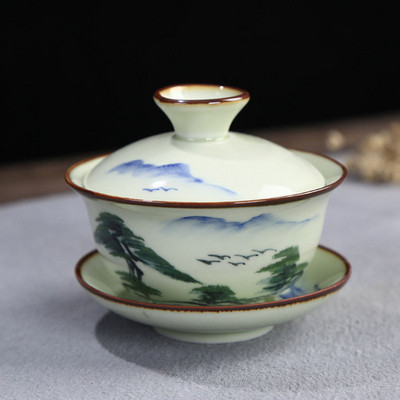 Lotus Mountain raksta tēja Tureen tējas trauki virtuves dzeršanai 120 ml Celadon ar rokām apgleznota tējas bļoda Sancai Gaiwan
