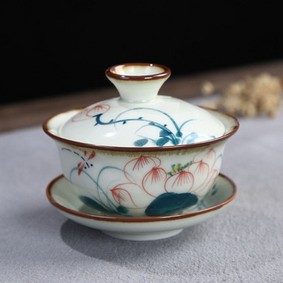 Lotus Mountain raksta tēja Tureen tējas trauki virtuves dzeršanai 120 ml Celadon ar rokām apgleznota tējas bļoda Sancai Gaiwan