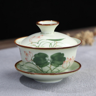 Lotus Mountain raksta tēja Tureen tējas trauki virtuves dzeršanai 120 ml Celadon ar rokām apgleznota tējas bļoda Sancai Gaiwan