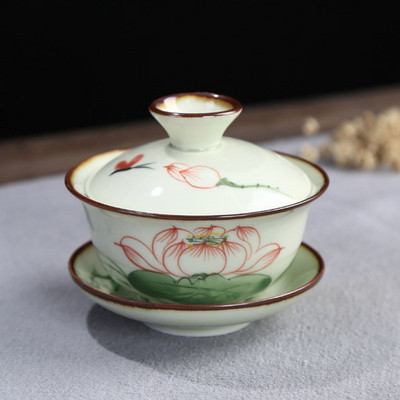 Lotus Mountain raksta tēja Tureen tējas trauki virtuves dzeršanai 120 ml Celadon ar rokām apgleznota tējas bļoda Sancai Gaiwan