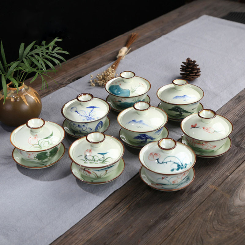 Lotus Mountain raksta tēja Tureen tējas trauki virtuves dzeršanai 120 ml Celadon ar rokām apgleznota tējas bļoda Sancai Gaiwan
