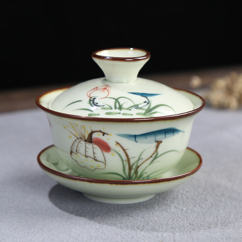 Lotus Mountain raksta tēja Tureen tējas trauki virtuves dzeršanai 120 ml Celadon ar rokām apgleznota tējas bļoda Sancai Gaiwan