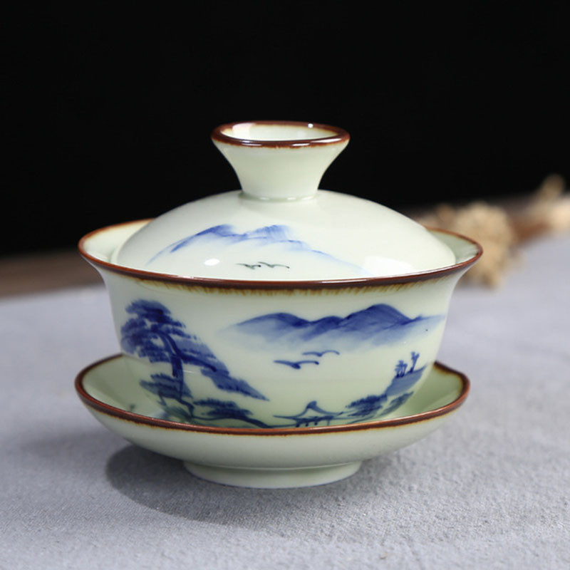Lotus Mountain raksta tēja Tureen tējas trauki virtuves dzeršanai 120 ml Celadon ar rokām apgleznota tējas bļoda Sancai Gaiwan