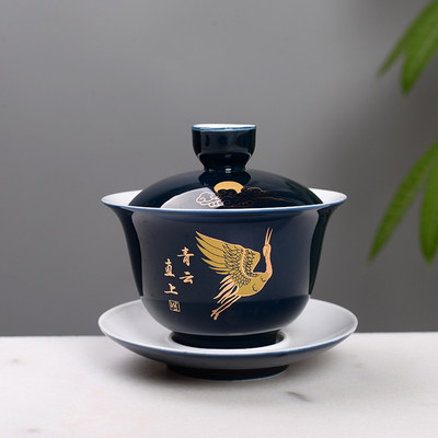 Fényes kék kóstoló teáscsésze kínai teáskészlet tál kerámia Gaiwan Chawan teáscsésze fedővel csészealj Teáskészlet Könnyen utazható kézi fogantyús edény