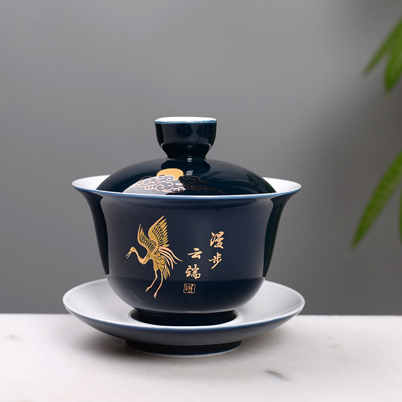Fényes kék kóstoló teáscsésze kínai teáskészlet tál kerámia Gaiwan Chawan teáscsésze fedővel csészealj Teáskészlet Könnyen utazható kézi fogantyús edény