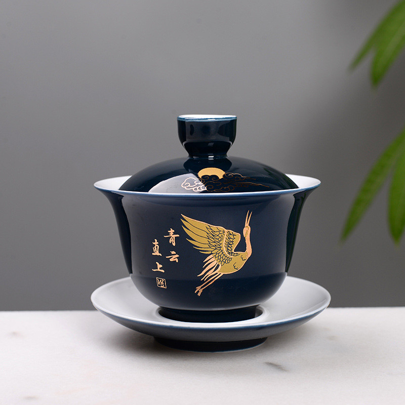 Fényes kék kóstoló teáscsésze kínai teáskészlet tál kerámia Gaiwan Chawan teáscsésze fedővel csészealj Teáskészlet Könnyen utazható kézi fogantyús edény