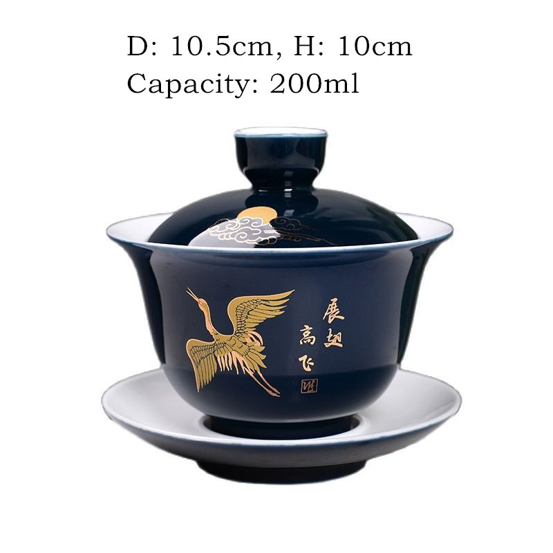 Fényes kék kóstoló teáscsésze kínai teáskészlet tál kerámia Gaiwan Chawan teáscsésze fedővel csészealj Teáskészlet Könnyen utazható kézi fogantyús edény