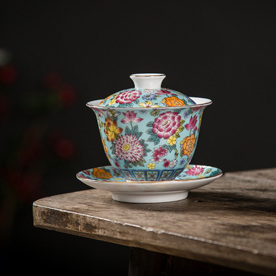 160 ml Jingdezhen Красив нефритов керамичен чай Супница Overglaze Цветен чай Супница Kung Fu Чай Сватбен чай Декорация