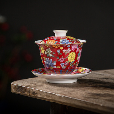 160 ml Jingdezhen Красив нефритов керамичен чай Супница Overglaze Цветен чай Супница Kung Fu Чай Сватбен чай Декорация