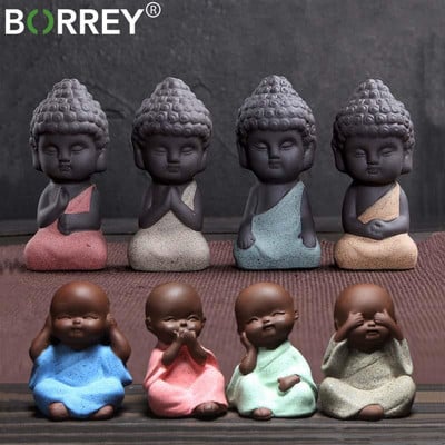 BORREY Ceai din lut mov Statuia lui Buddha pentru animale de companie Mic călugăr Ceai din ceramică Pet Sakyamuni Artizanat Figurină pentru mașină Decorare Set de ceai Accesorii