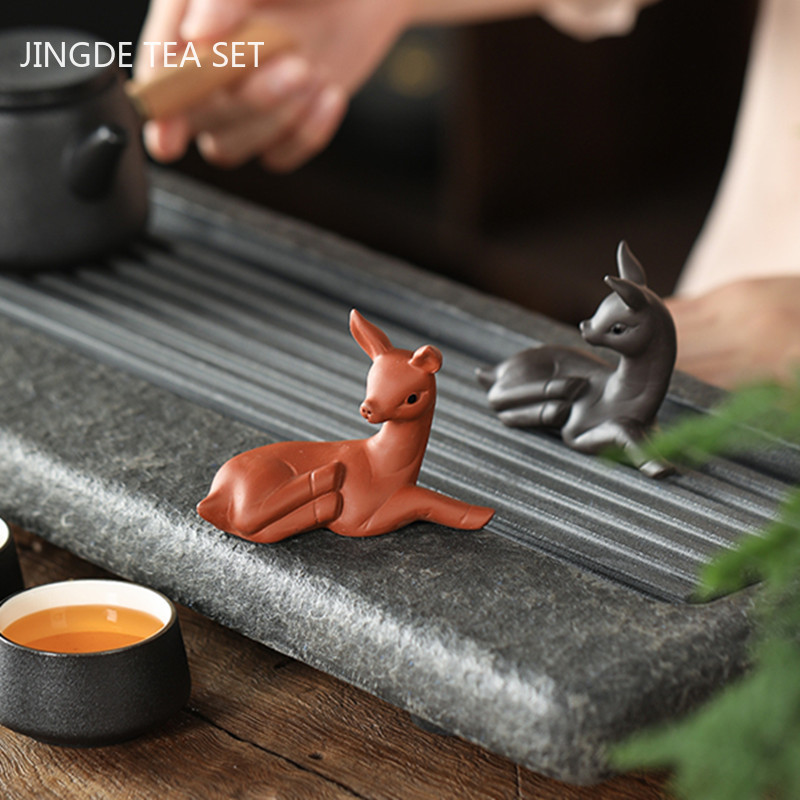 Lila agyag fawn modell szobor dekoráció butik tea kisállat díszek asztali dekoráció kézműves kínai teáskészlet tartozékok