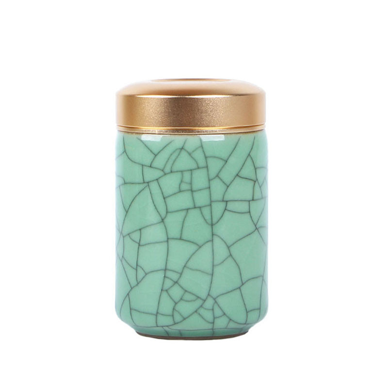 Mini tea kerámia tárolóedények Celadon fém fedelű lezárt hengeres tartály tea, gabonafélék, szárazáru, cukorka stb. tárolására.