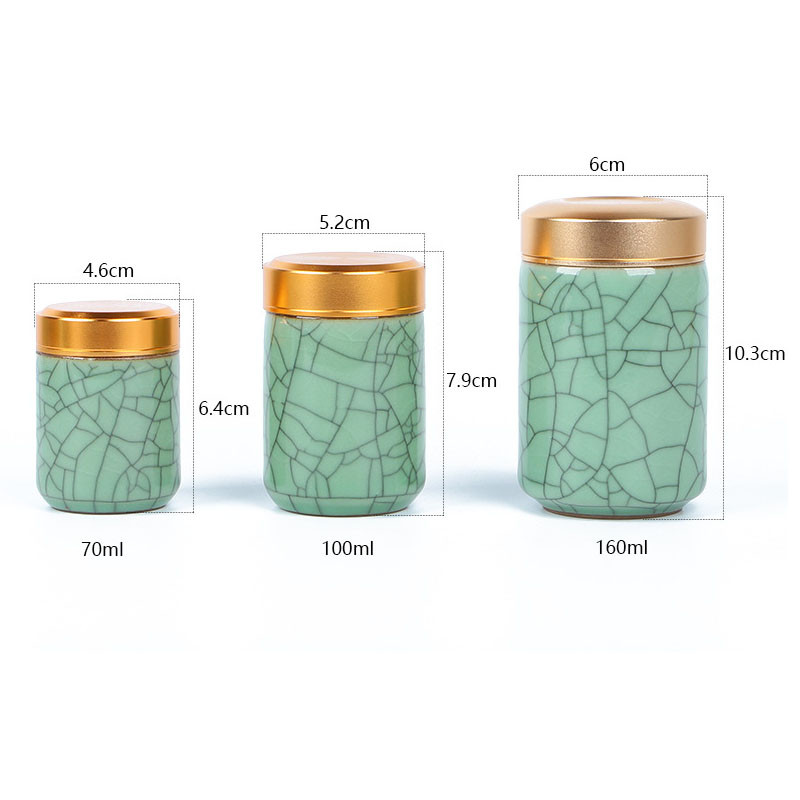 Mini tea kerámia tárolóedények Celadon fém fedelű lezárt hengeres tartály tea, gabonafélék, szárazáru, cukorka stb. tárolására.