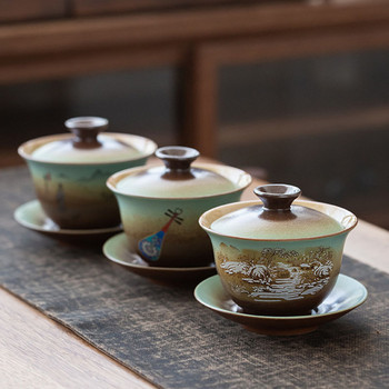 Порцеланова чаша за чай Sancai Kungfu Чаша с супница Чаша и чинийка Аксесоари за пиене Ретро дърва за огрев Gaiwan 180 ml