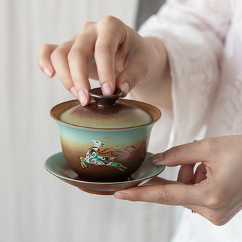 Порцеланова чаша за чай Sancai Kungfu Чаша с супница Чаша и чинийка Аксесоари за пиене Ретро дърва за огрев Gaiwan 180 ml