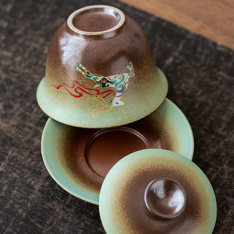 Porcelāna Sancai Kungfu tējas tase Tēja Tureen Tējas krūze un apakštase Dzeršanas piederumi Retro malka Gaiwan 180ml