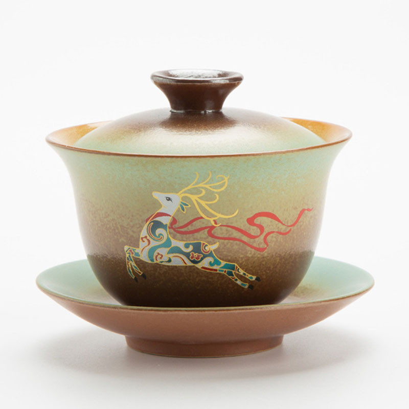 Porcelāna Sancai Kungfu tējas tase Tēja Tureen Tējas krūze un apakštase Dzeršanas piederumi Retro malka Gaiwan 180ml