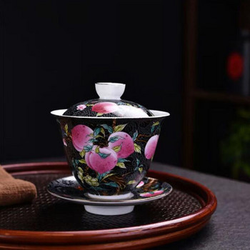 Емайлирани цветни праскови Шарка Sancai Gaiwan Домакински Кунгфу Чаен Сервиз Купа за настойка за чай 200 мл Аксесоари за пиене