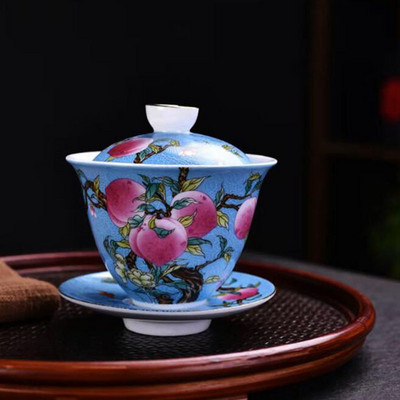 Emaljas krāsainu persiku raksts Sancai Gaiwan mājsaimniecības kungfu tējas komplekts tējas uzlietas bļoda 200 ml dzeršanas piederumi