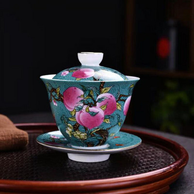 Emaljas krāsainu persiku raksts Sancai Gaiwan mājsaimniecības kungfu tējas komplekts tējas uzlietas bļoda 200 ml dzeršanas piederumi