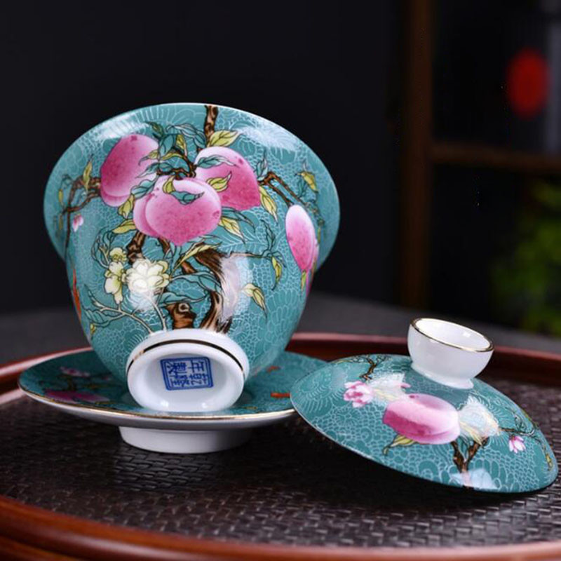 Emaljas krāsainu persiku raksts Sancai Gaiwan mājsaimniecības kungfu tējas komplekts tējas uzlietas bļoda 200 ml dzeršanas piederumi
