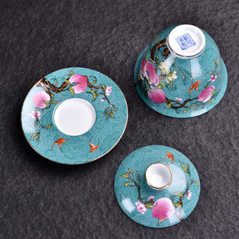 Emaljas krāsainu persiku raksts Sancai Gaiwan mājsaimniecības kungfu tējas komplekts tējas uzlietas bļoda 200 ml dzeršanas piederumi